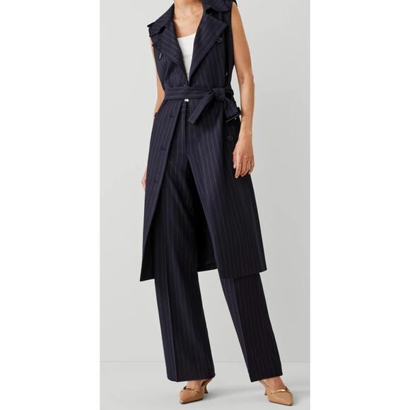 Ann Taylor Pinstripe Belted Trench Vest Navy/White Combo Medium - Picture 8 of 9